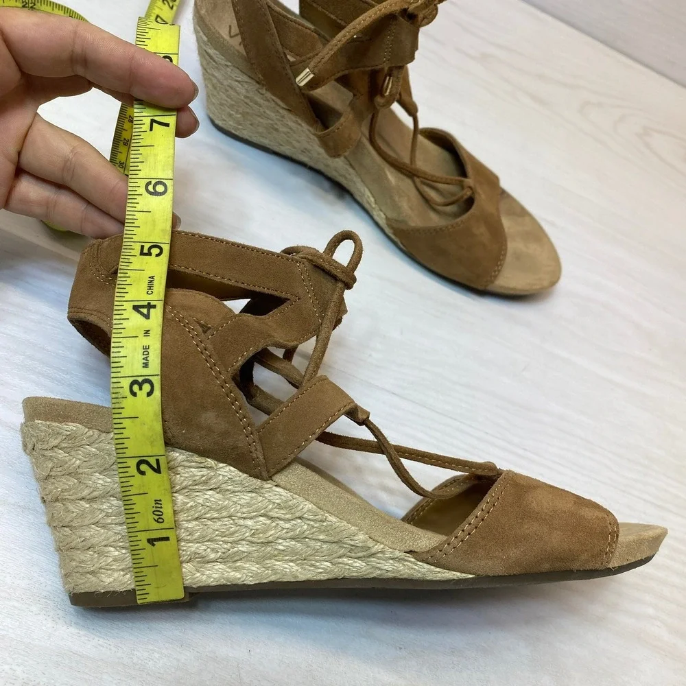 Vionic Womens 8.5 Tansy Wedge Sandal Lace Up Espadrille Tan Suede Comfort Boho